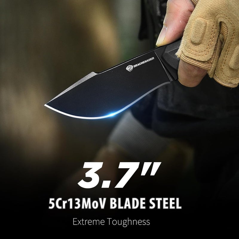 DRACHENADER 7.68" EDC Survival Knife with Fire Starter L-Y, Small EDC Full Tang Fixed Blade Knife with Sheath, Belt Clip, Full Black - Image 2
